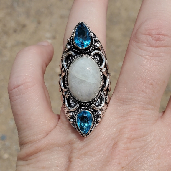 New Rainbow Moonstone & Blue Topaz 925 Silver Statement Ring. - Picture 7 of 15